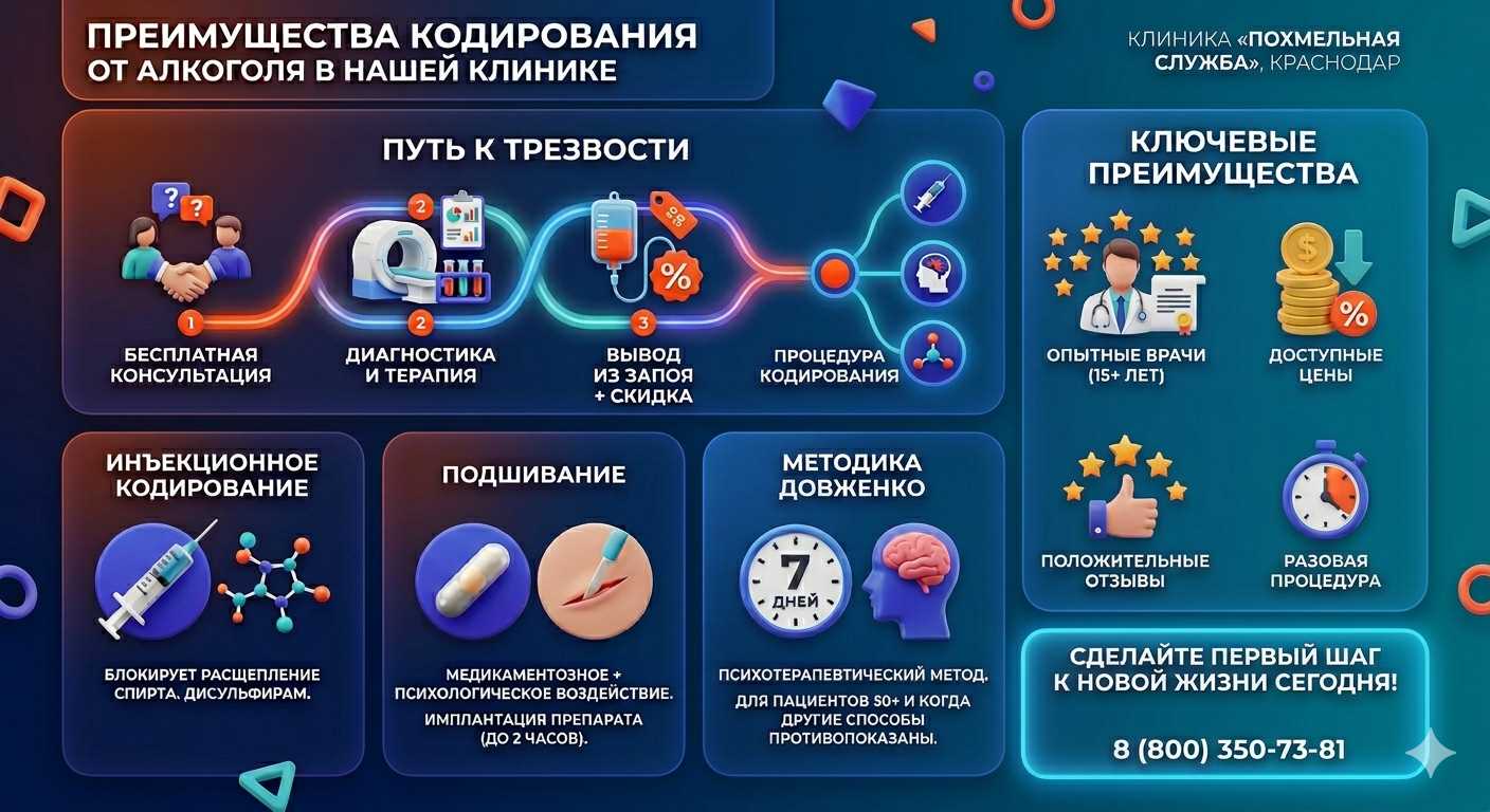 Инфографика о методах кодирования от алкоголя в Зернограде: инъекции, подшивание, метод Довженко. Преимущества клиники и этапы лечения.